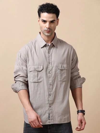 Silisoul Grey Relaxed Fit Cotton Long Sleeves Spread Collar Shirt