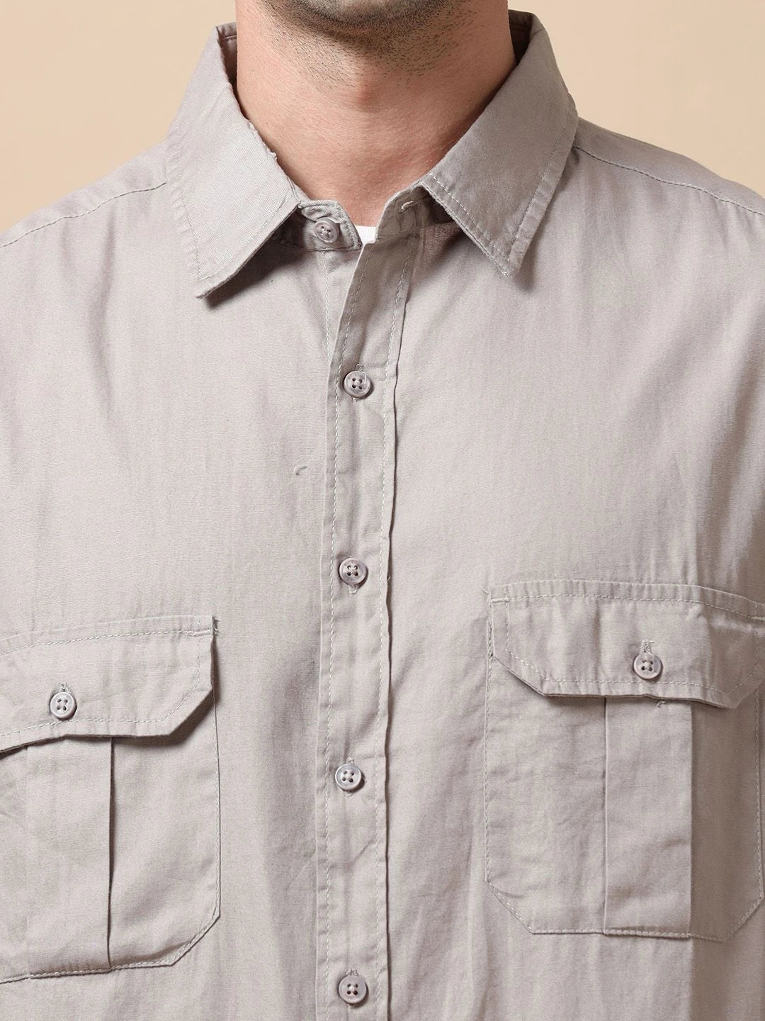 Silisoul Grey Relaxed Fit Cotton Long Sleeves Spread Collar Shirt