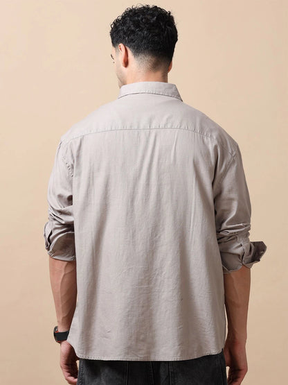 Silisoul Grey Relaxed Fit Cotton Long Sleeves Spread Collar Shirt