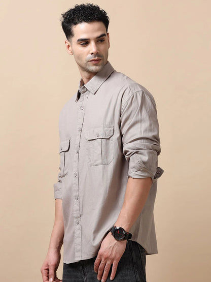 Silisoul Grey Relaxed Fit Cotton Long Sleeves Spread Collar Shirt