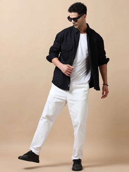 Silisoul Black Relaxed Fit Cotton Long Sleeves Spread Collar Shirt