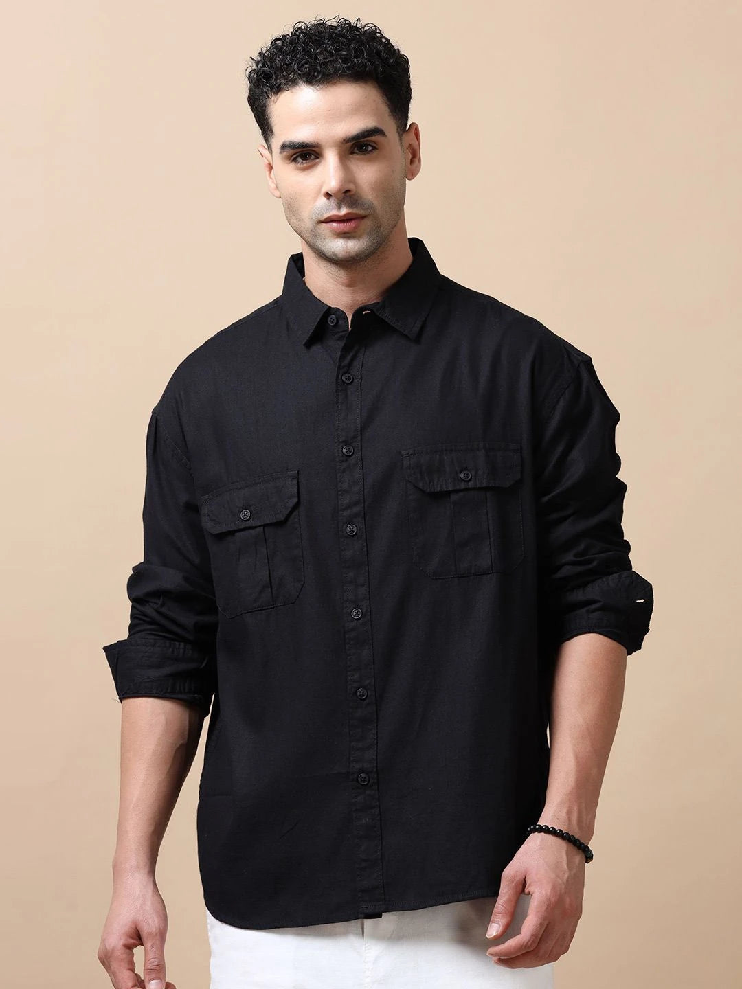 Silisoul Black Relaxed Fit Cotton Long Sleeves Spread Collar Shirt