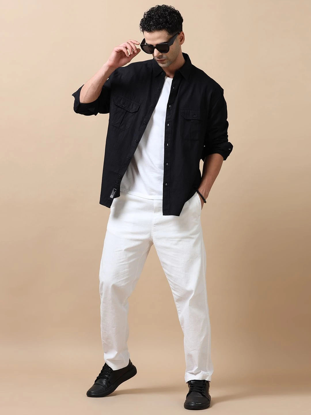 Silisoul Black Relaxed Fit Cotton Long Sleeves Spread Collar Shirt