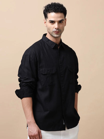 Silisoul Black Relaxed Fit Cotton Long Sleeves Spread Collar Shirt