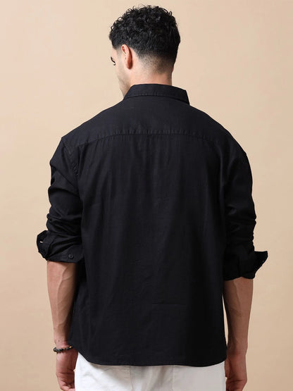 Silisoul Black Relaxed Fit Cotton Long Sleeves Spread Collar Shirt