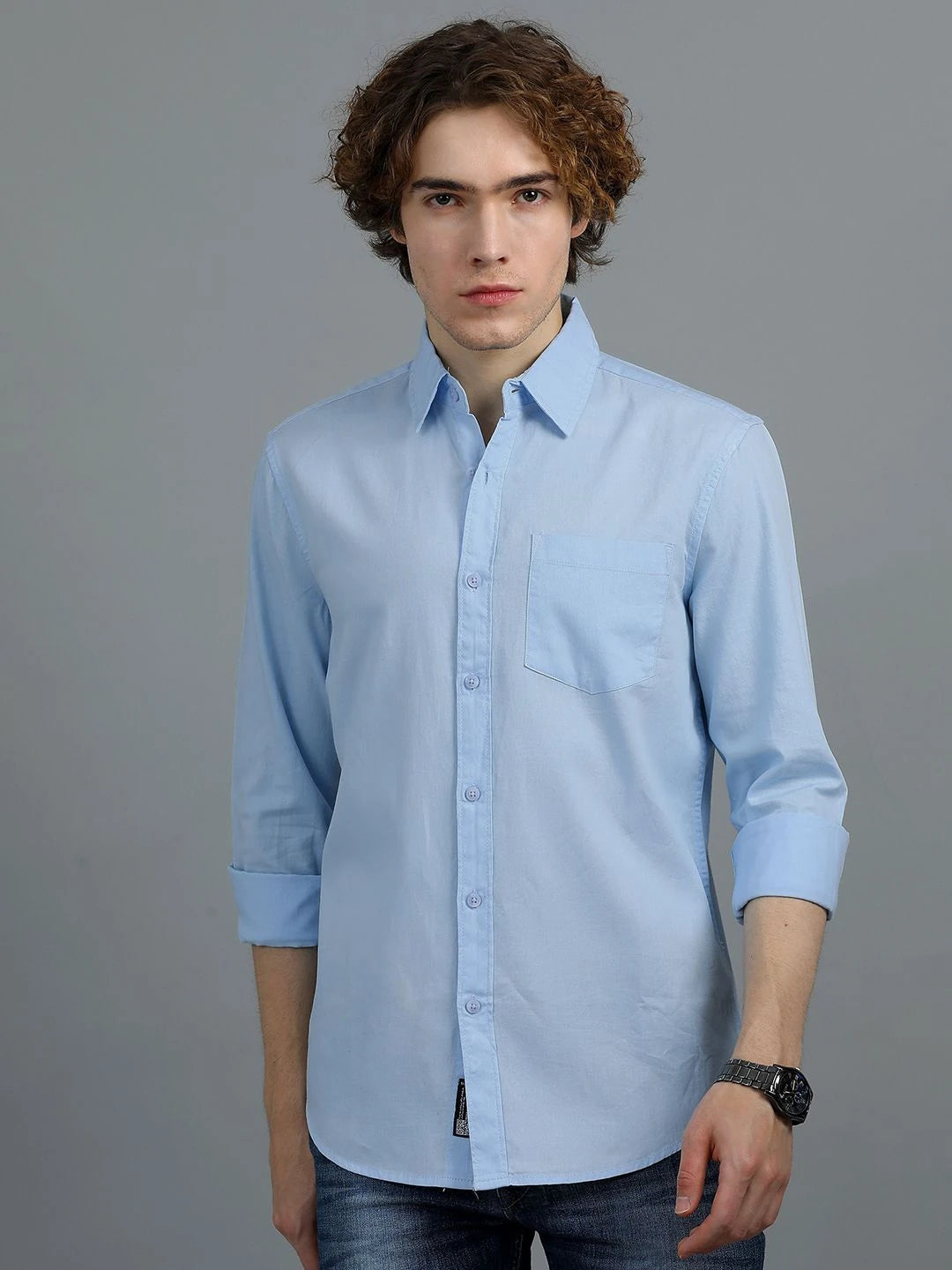 Silisoul Blue Regular Fit Cotton Long Sleeves Spread Collar Shirt