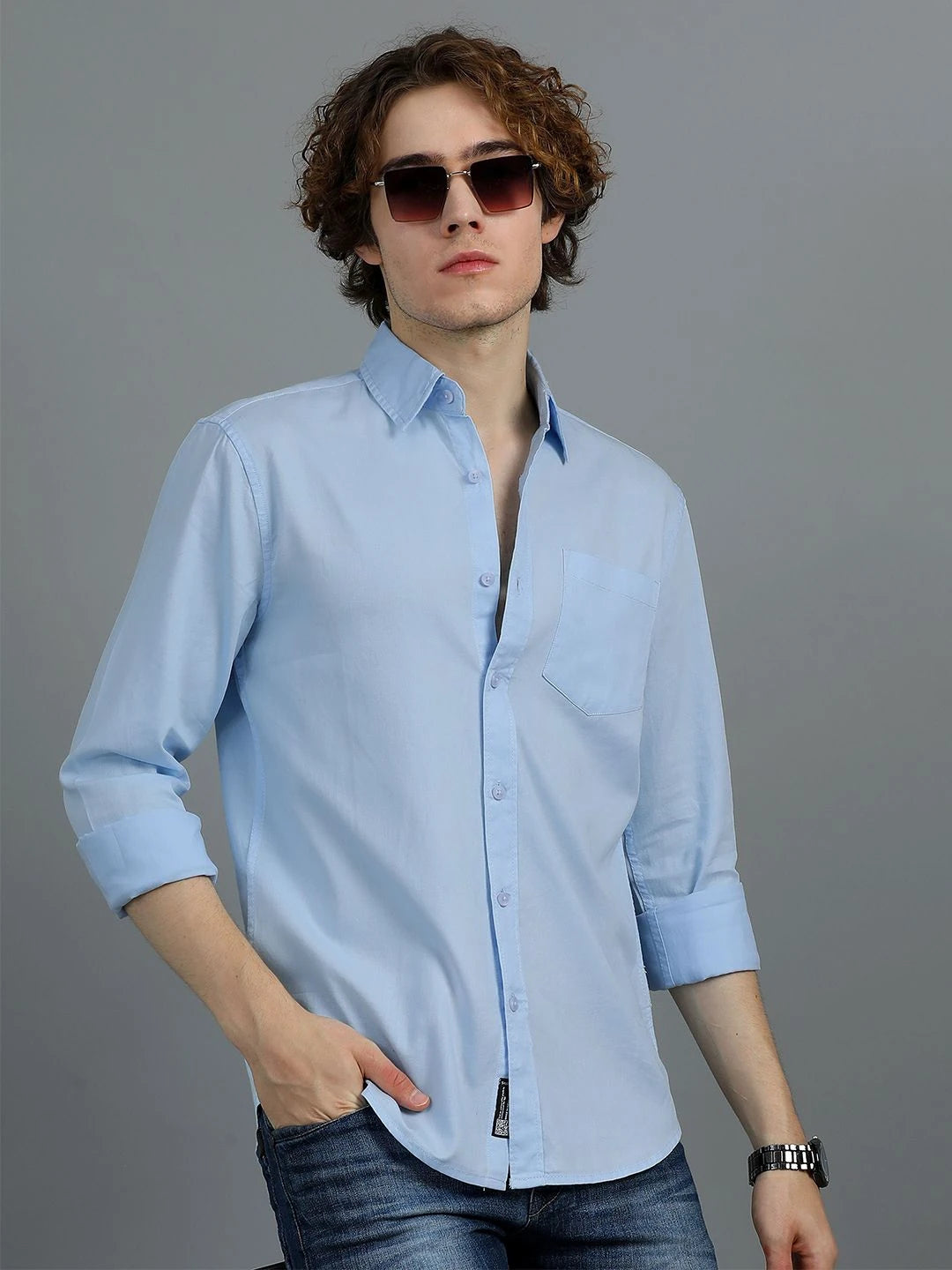 Silisoul Blue Regular Fit Cotton Long Sleeves Spread Collar Shirt