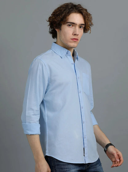 Silisoul Blue Regular Fit Cotton Long Sleeves Spread Collar Shirt