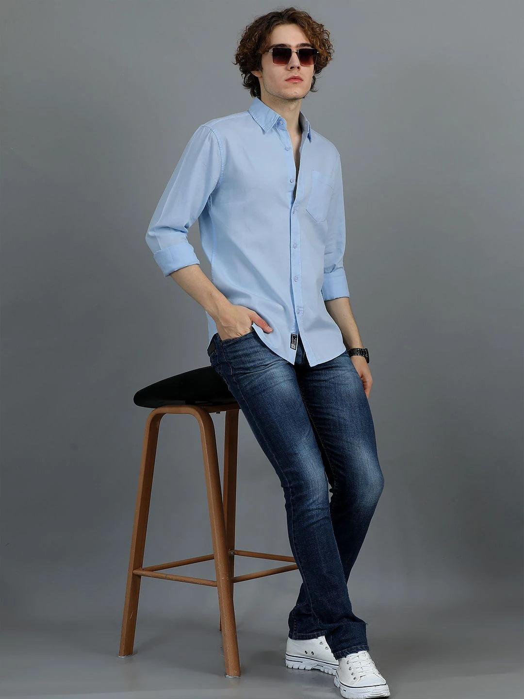 Silisoul Blue Regular Fit Cotton Long Sleeves Spread Collar Shirt