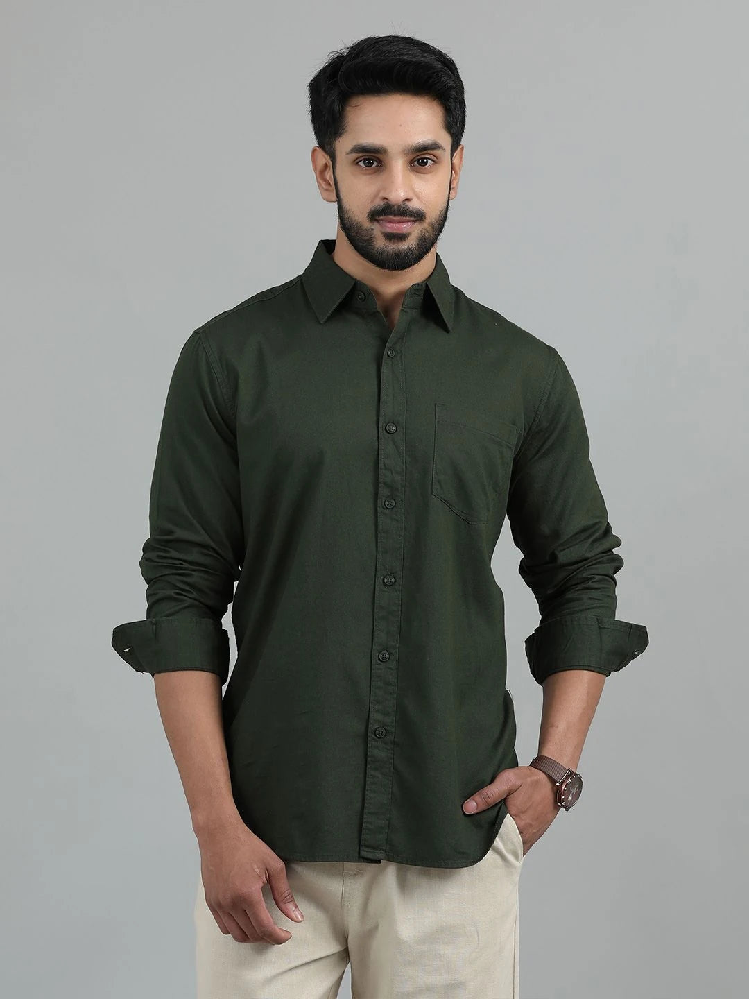 Silisoul Olive Regular Fit Cotton Long Sleeves Spread Collar Curved Hem Shirt