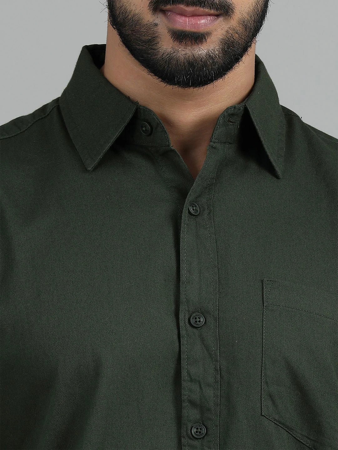 Silisoul Olive Regular Fit Cotton Long Sleeves Spread Collar Curved Hem Shirt