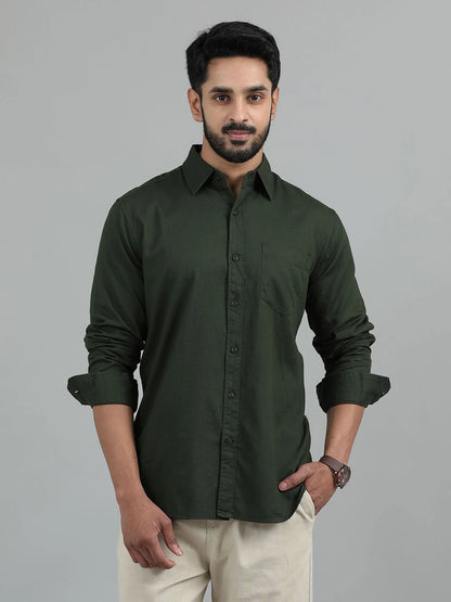Silisoul Olive Regular Fit Cotton Long Sleeves Spread Collar Curved Hem Shirt