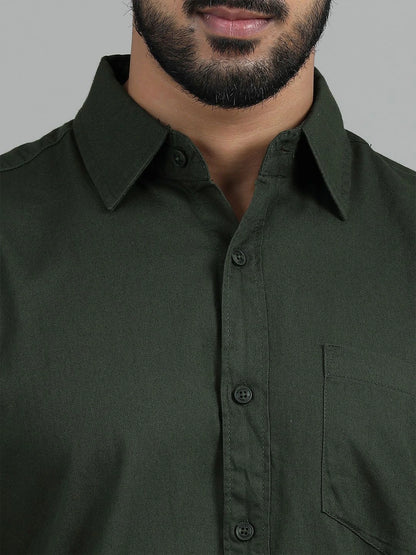 Silisoul Olive Regular Fit Cotton Long Sleeves Spread Collar Curved Hem Shirt