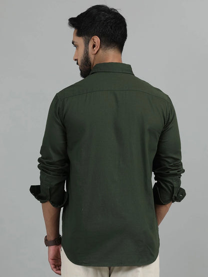 Silisoul Olive Regular Fit Cotton Long Sleeves Spread Collar Curved Hem Shirt