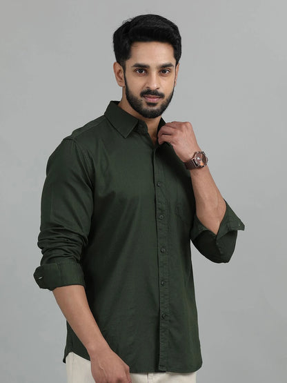 Silisoul Olive Regular Fit Cotton Long Sleeves Spread Collar Curved Hem Shirt