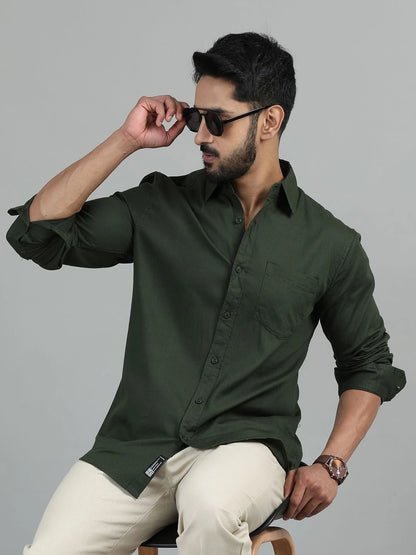 Silisoul Olive Regular Fit Cotton Long Sleeves Spread Collar Curved Hem Shirt