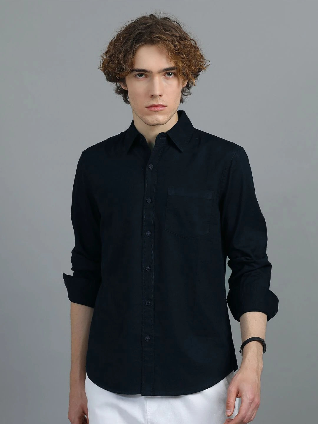 Silisoul Navy Blue Regular Fit Cotton Long Sleeves Spread Collar Shirt