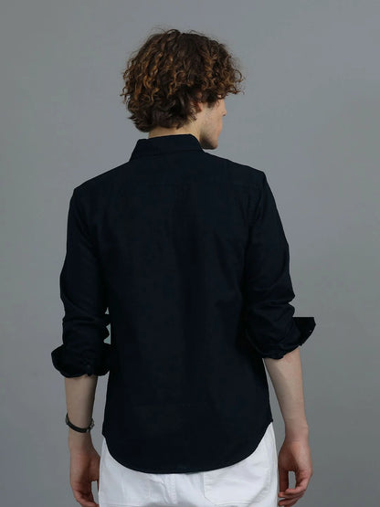 Silisoul Navy Blue Regular Fit Cotton Long Sleeves Spread Collar Shirt