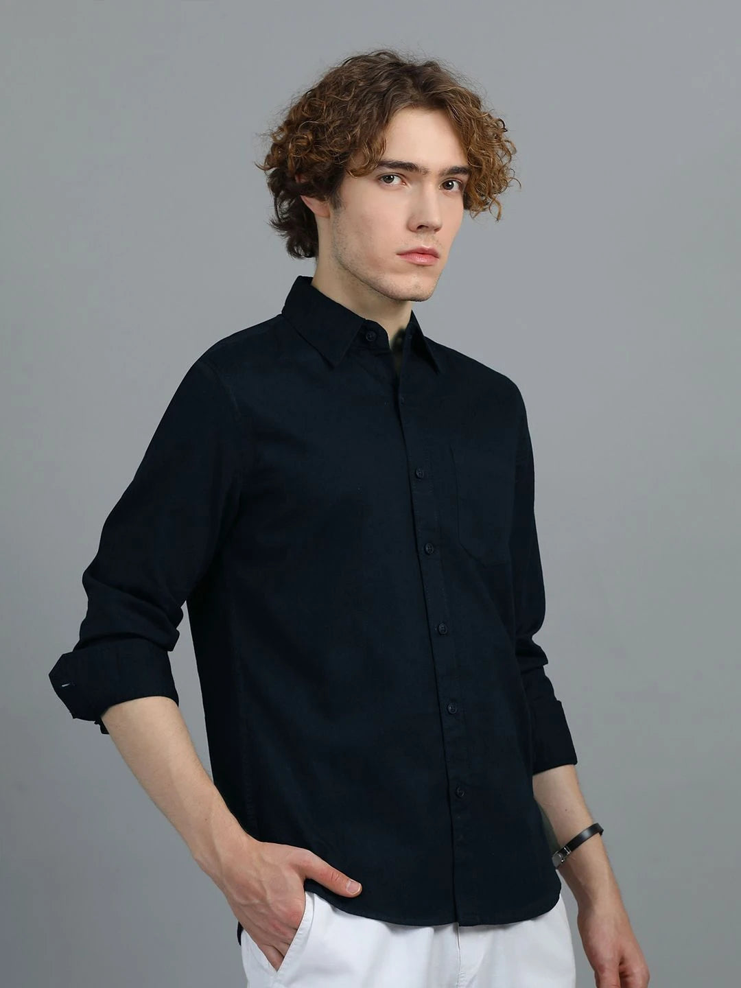 Silisoul Navy Blue Regular Fit Cotton Long Sleeves Spread Collar Shirt