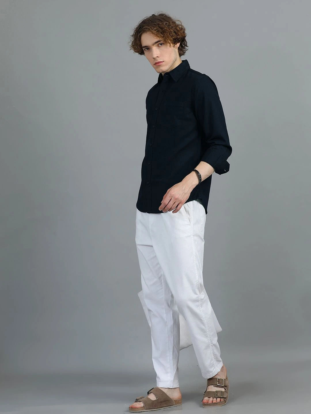 Silisoul Navy Blue Regular Fit Cotton Long Sleeves Spread Collar Shirt
