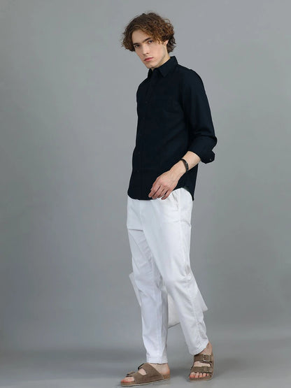 Silisoul Navy Blue Regular Fit Cotton Long Sleeves Spread Collar Shirt