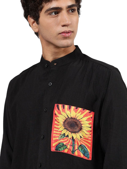 House Of Koala Black Mandarin Collar Premium Relaxed Fit Viscose Resort Shirt
