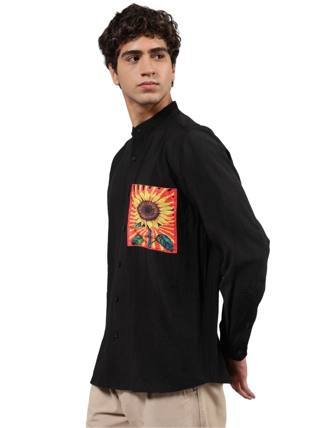 House Of Koala Black Mandarin Collar Premium Relaxed Fit Viscose Resort Shirt