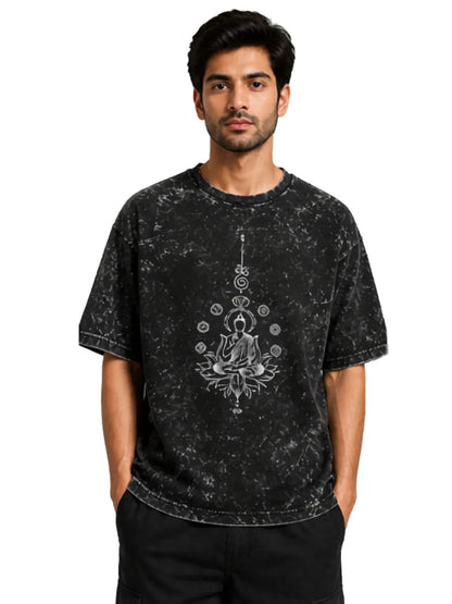 Arya Black Oversized Meditating Buddha Print Half Sleeve Cotton T-Shirt