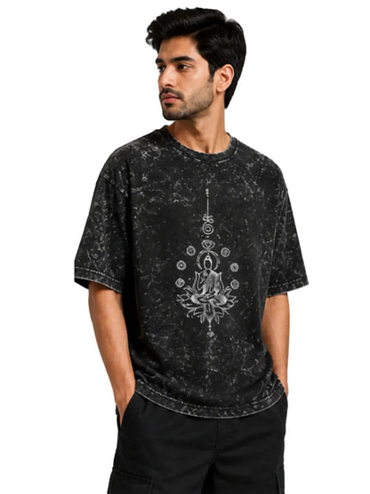 Arya Black Oversized Meditating Buddha Print Half Sleeve Cotton T-Shirt