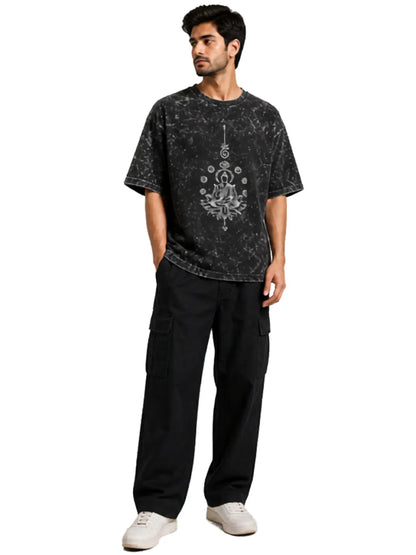 Arya Black Oversized Meditating Buddha Print Half Sleeve Cotton T-Shirt