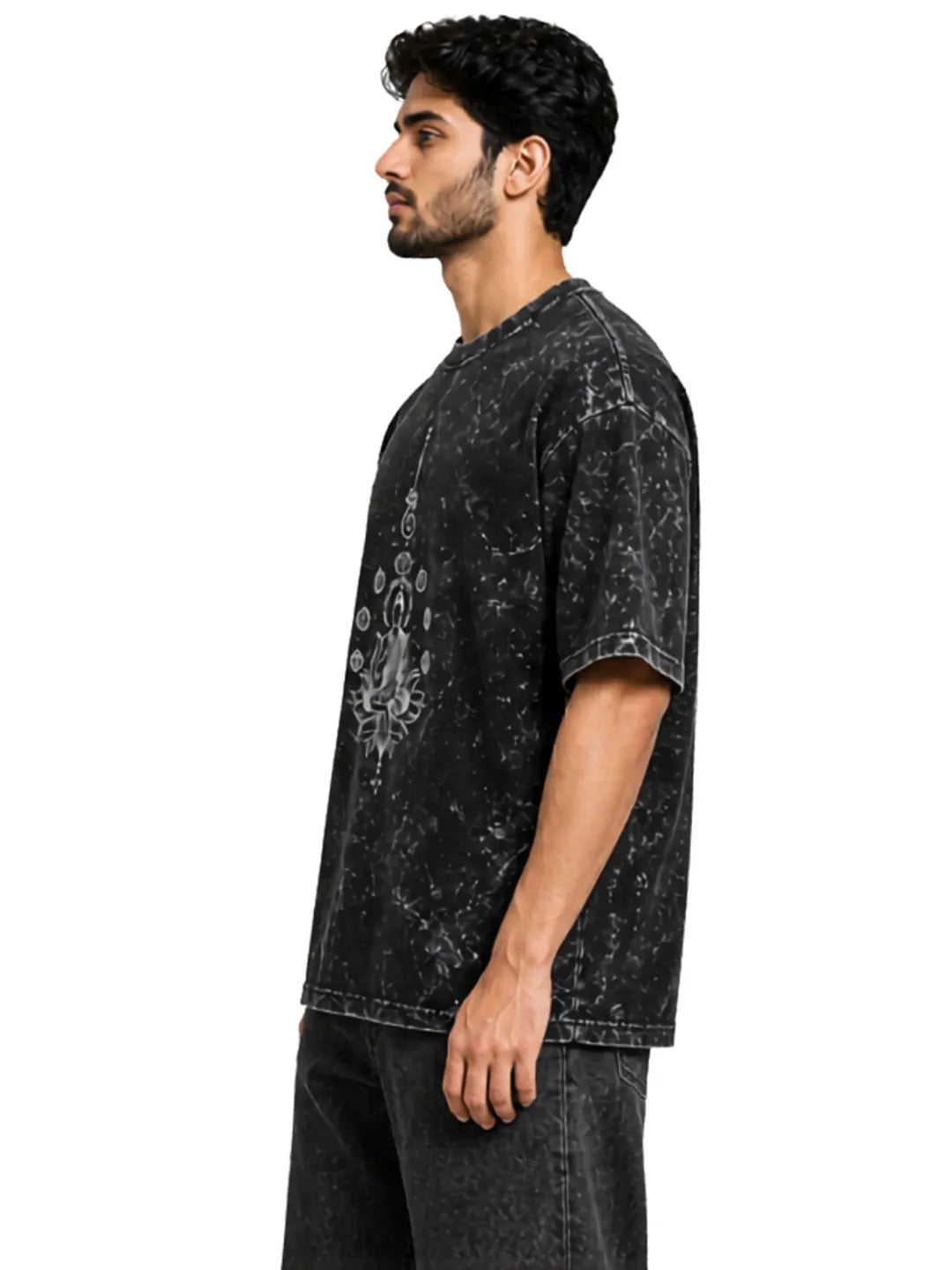 Arya Black Oversized Meditating Buddha Print Half Sleeve Cotton T-Shirt
