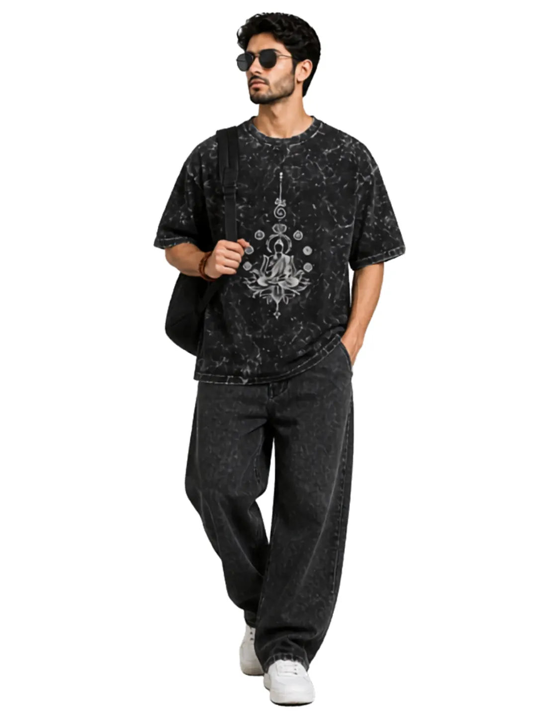 Arya Black Oversized Meditating Buddha Print Half Sleeve Cotton T-Shirt