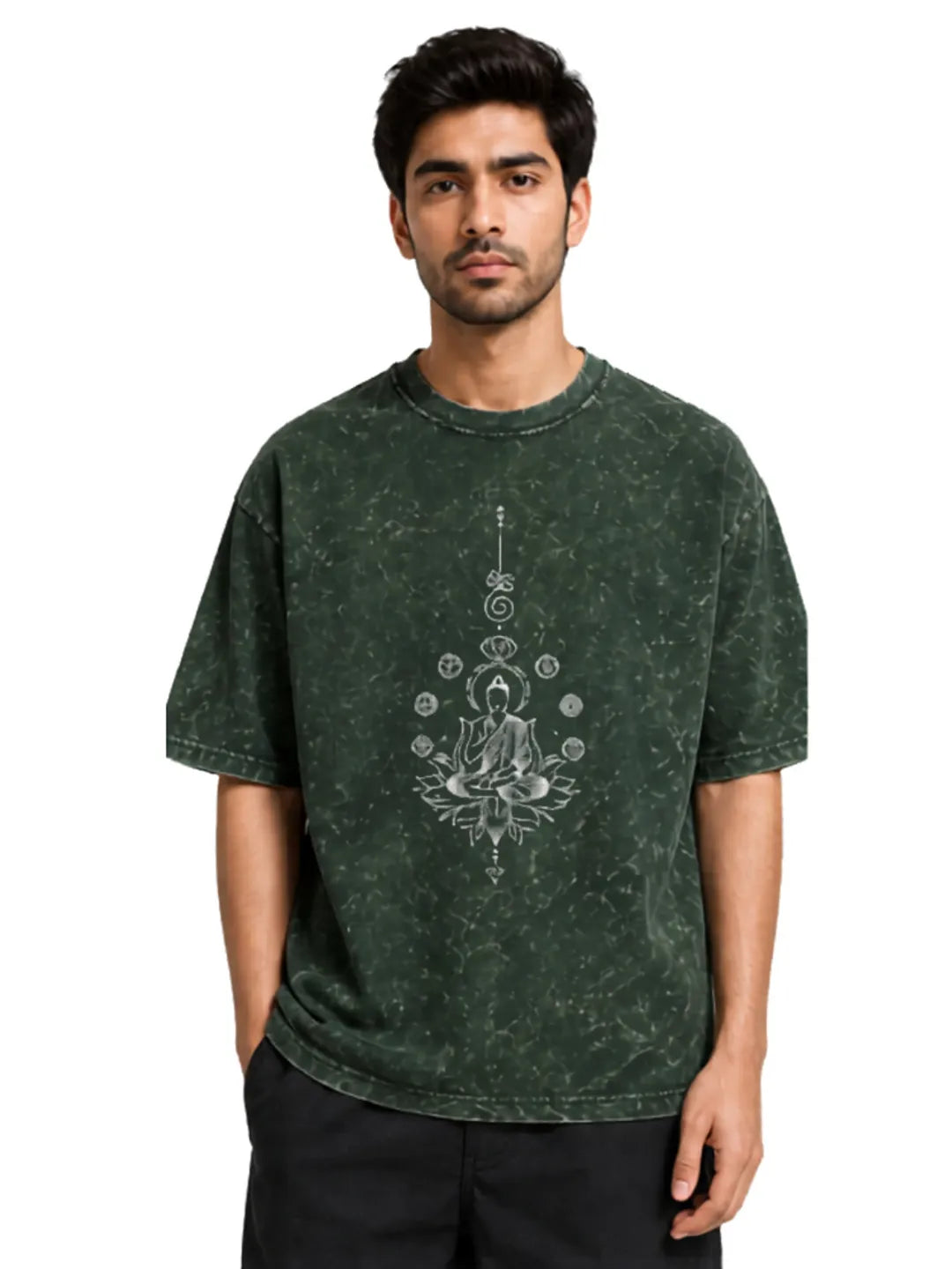 Arya Bottle Green Oversized Meditating Buddha Print Half Sleeve Cotton T-Shirt