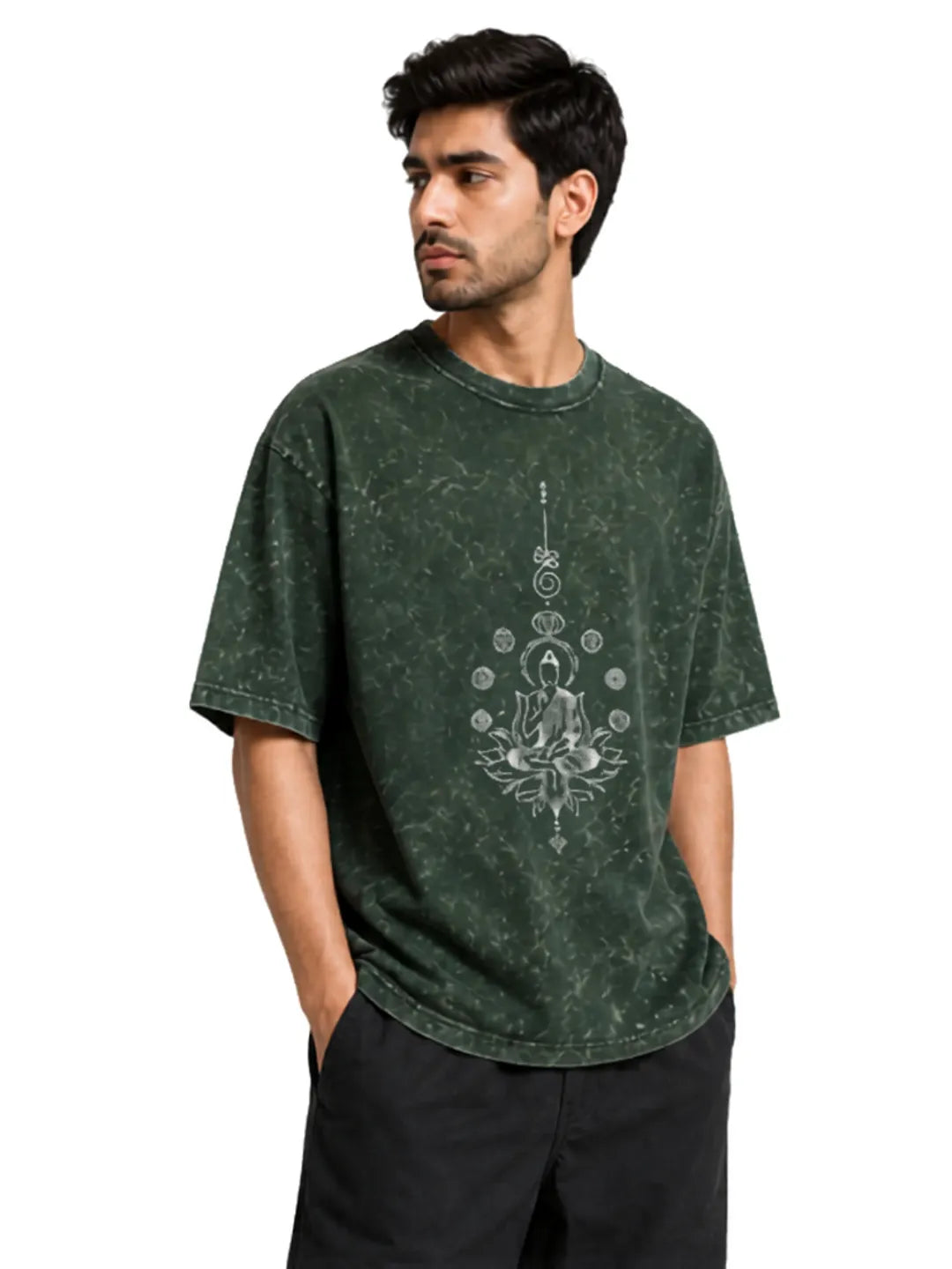 Arya Bottle Green Oversized Meditating Buddha Print Half Sleeve Cotton T-Shirt
