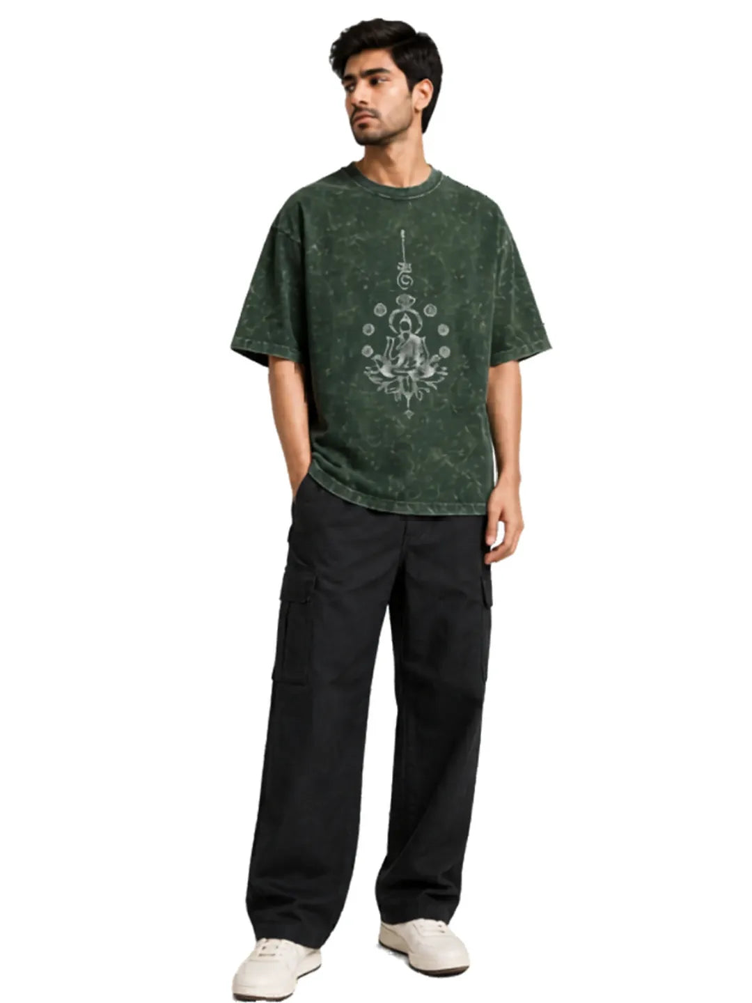 Arya Bottle Green Oversized Meditating Buddha Print Half Sleeve Cotton T-Shirt