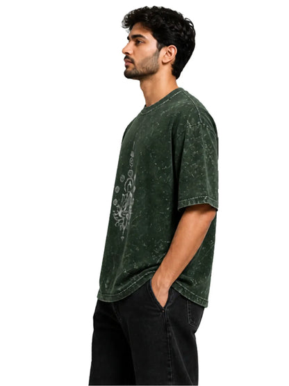 Arya Bottle Green Oversized Meditating Buddha Print Half Sleeve Cotton T-Shirt