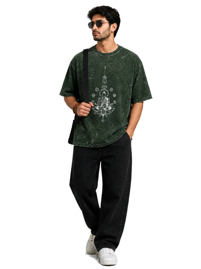 Arya Bottle Green Oversized Meditating Buddha Print Half Sleeve Cotton T-Shirt