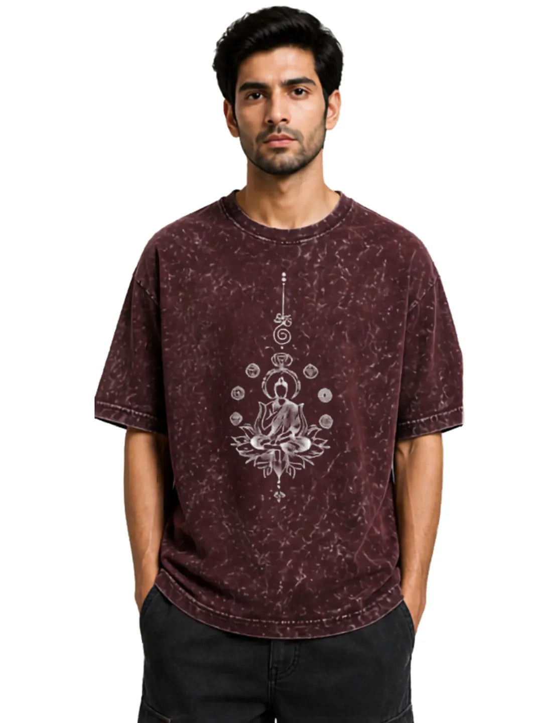 Arya Maroon Oversized Meditating Buddha Print Half Sleeve Cotton T-Shirt