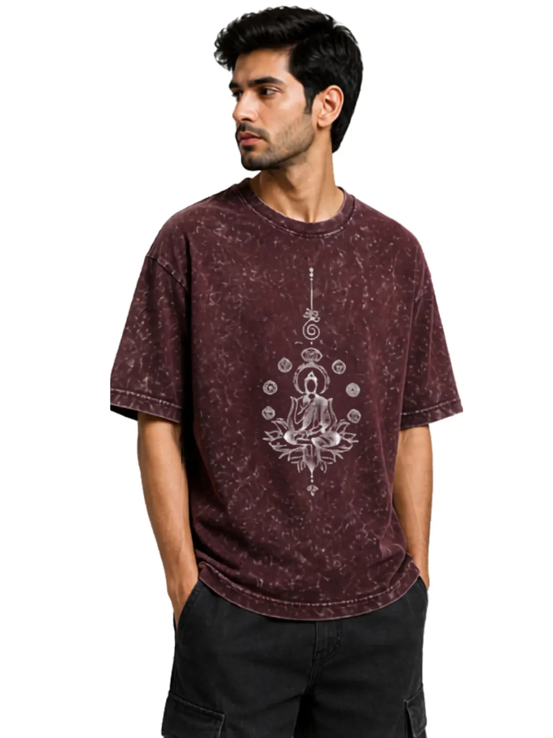 Arya Maroon Oversized Meditating Buddha Print Half Sleeve Cotton T-Shirt
