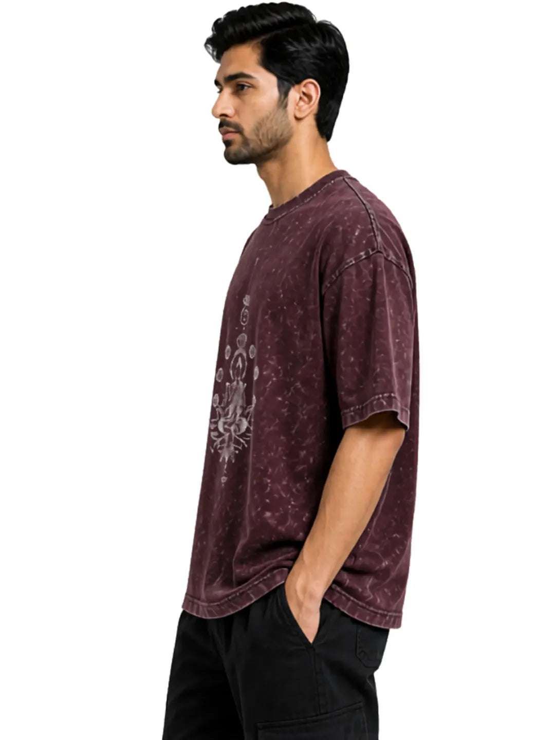 Arya Maroon Oversized Meditating Buddha Print Half Sleeve Cotton T-Shirt