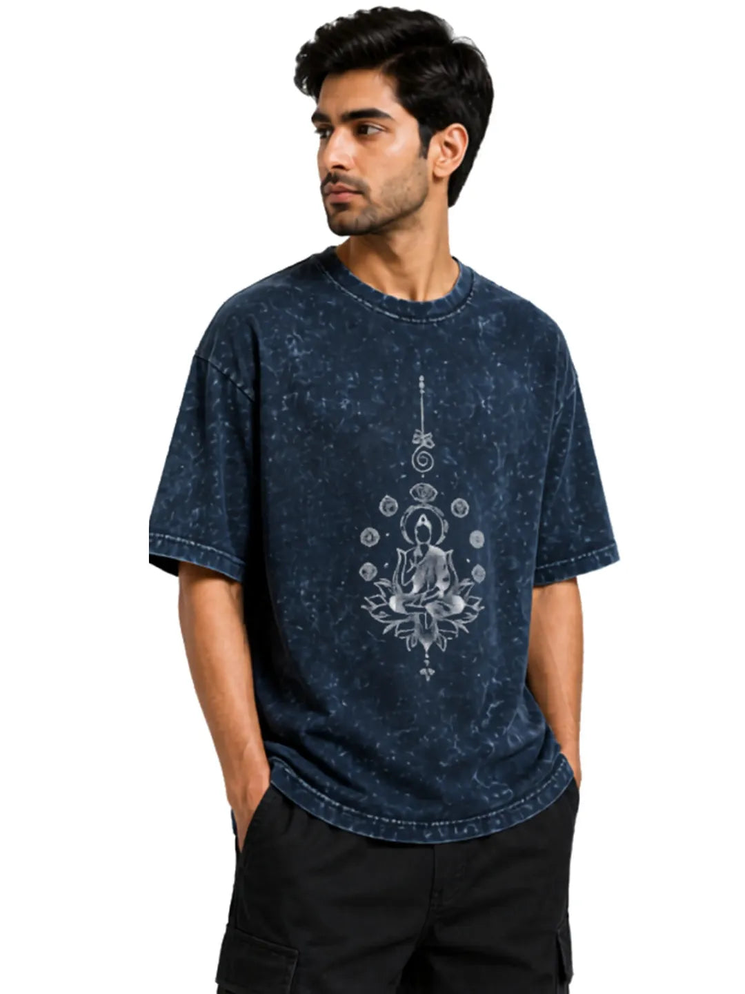 Arya Navy Blue Oversized Meditating Buddha Print Half Sleeve Cotton T-Shirt