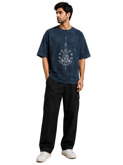 Arya Navy Blue Oversized Meditating Buddha Print Half Sleeve Cotton T-Shirt