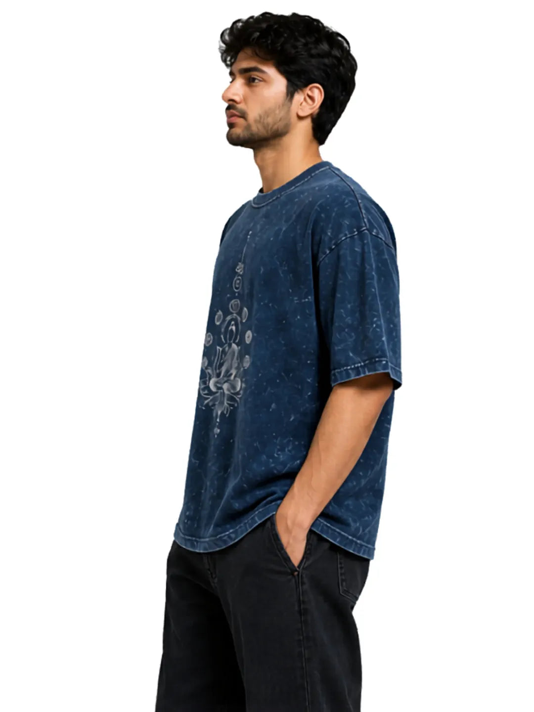 Arya Navy Blue Oversized Meditating Buddha Print Half Sleeve Cotton T-Shirt