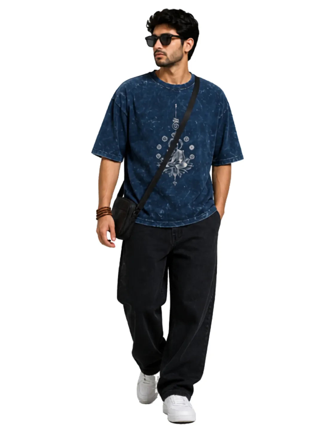 Arya Navy Blue Oversized Meditating Buddha Print Half Sleeve Cotton T-Shirt