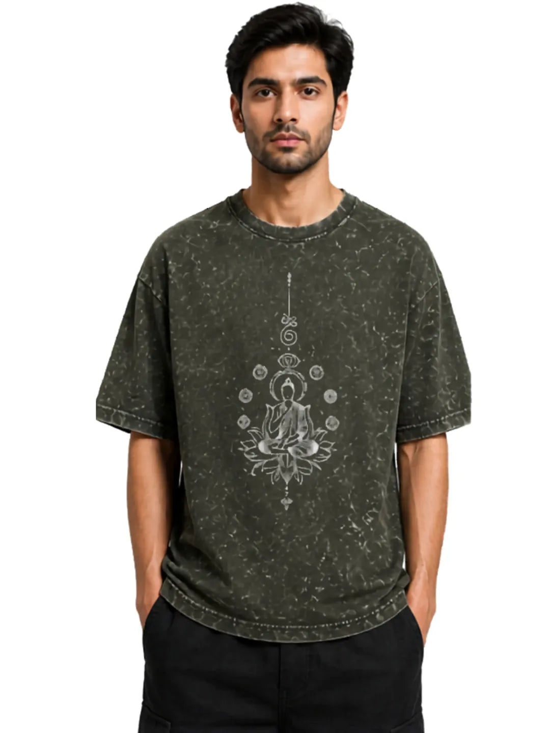 Arya Olive Green Oversized Meditating Buddha Print Half Sleeve Cotton T-Shirt