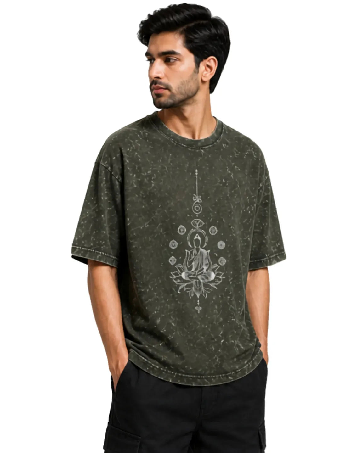 Arya Olive Green Oversized Meditating Buddha Print Half Sleeve Cotton T-Shirt