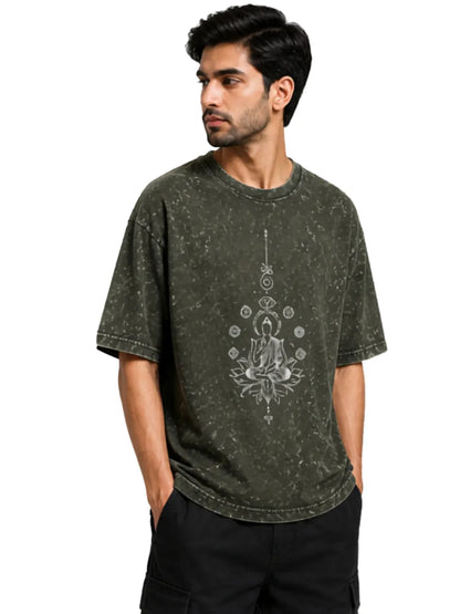 Arya Olive Green Oversized Meditating Buddha Print Half Sleeve Cotton T-Shirt
