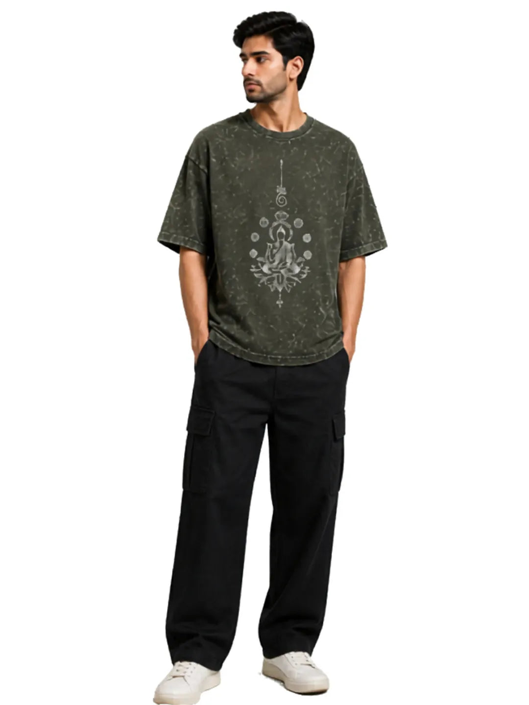 Arya Olive Green Oversized Meditating Buddha Print Half Sleeve Cotton T-Shirt