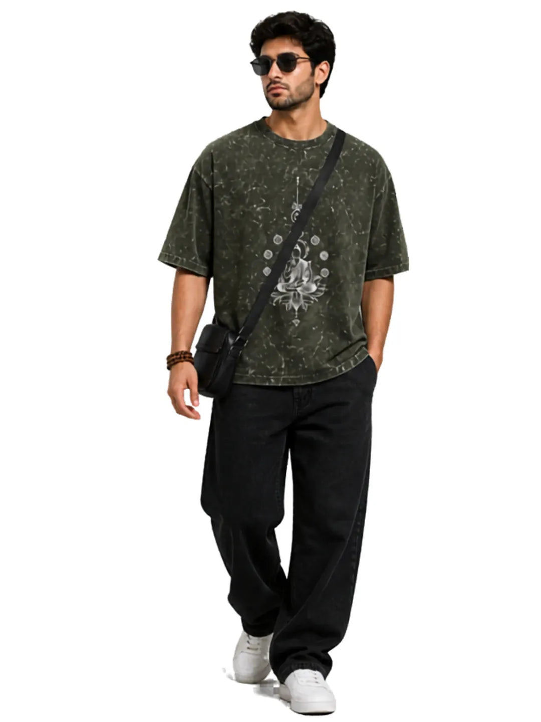 Arya Olive Green Oversized Meditating Buddha Print Half Sleeve Cotton T-Shirt
