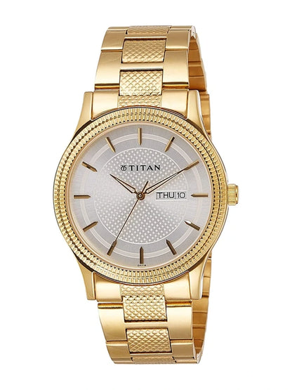 Titan Round Silver Dial Analog Watch With Day & Date Display & Golden Metal Strap  - NL1650YM05